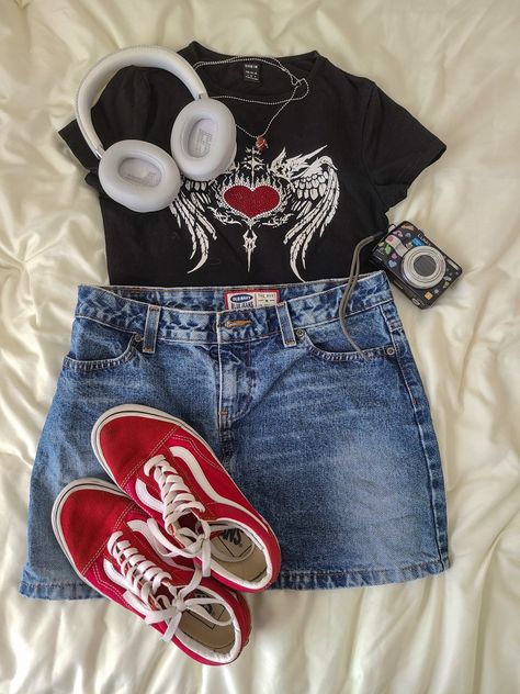 Trendy outfits - headphones - denim skirt - alt edgy Denim Skirt, Trendy Outfits, Summer Outfits, Clothes