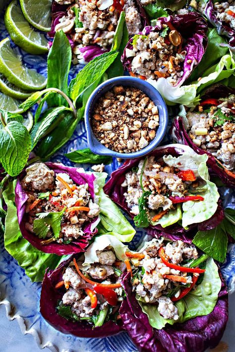 Nam Sod, Thai Pork Lettuce Wraps - Simply Suwanee Thai Pork Salad, Laab Recipe, Thai Minced Pork, Thai Lettuce Wraps, Rice Wrappers, Thai Recipes Authentic, Thai Pork, Pork Lettuce Wraps, Pork Salad