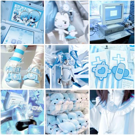 #tenshikawaii #cybercore #cute #aesthetic #moodbord #inspo Hatsune Miku Moodboard, Tenshi Kawaii Wallpaper, Mood Board Character Design, Blue Juminocore, Cleancore Moodboard, Tenshi Kaiwai Pfp, Cybercore Color Palette, Moodboards For Ocs, Cybercore Moodboard