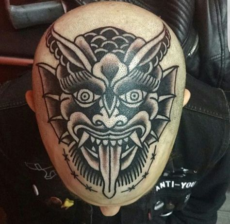 Traditional Demon Head Tattoo, Top Of Head Tattoo, Traditional Head Tattoo, Tattoo Crane, Trad Tattoos, Androgynous Style, Head Tattoo, Traditional Tattoo Design, Traditional Tattoo Art