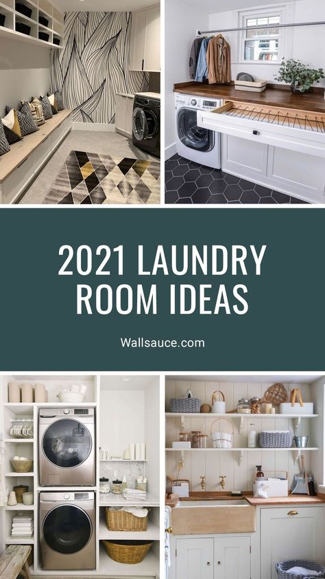 Laundry Room With Wallpaper Accent Wall, Small Corner Laundry Room Ideas, Laundry Rooms With Wallpaper, Diy Utility Room, Laundry Room Accent Wall, Dog Showers, Sink Wallpaper, Utility Room Ideas, Kitchen Interior Inspiration