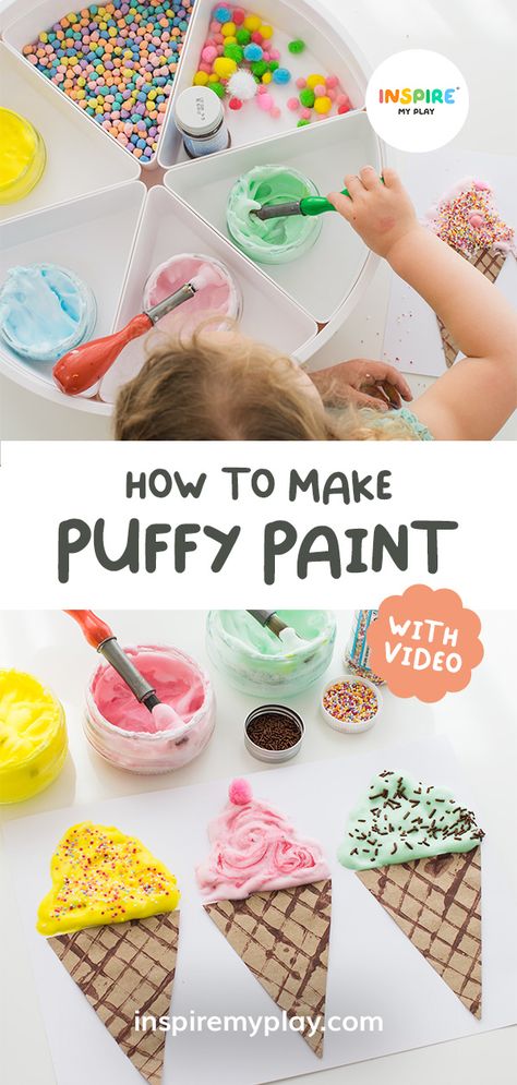 How to make puffy paint - easy recipe for kids – Inspire My Play Preschooler Painting Ideas, Puff Paint Ice Cream Cone, Fun Painting Activities For Preschool, Pom Pom Painting Preschool, How To Make Fluffy Paint, Making Puffy Paint, Summer Kindergarten Crafts Art Projects, Puffy Paint Farm Animals, Ice Cream Puffy Paint Craft