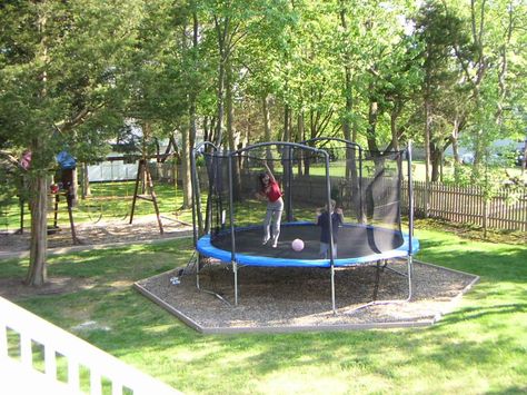 Original Trampoline in Backyard Mulch Area Mulch Under Trampoline, Trampoline In Backyard, Under Trampoline Ideas, Trampoline Landscaping, Trampoline Ideas, Garden Trampoline, Lawn Repair, Backyard Trampoline, Backyard Playground