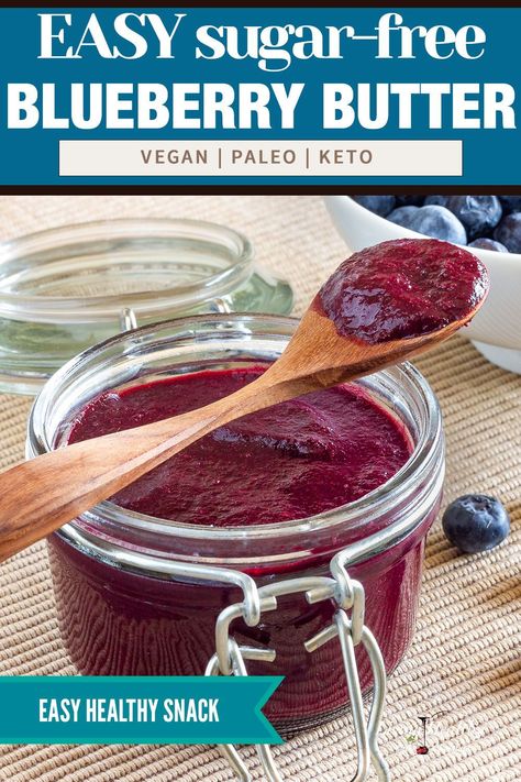 BLUEBERRY BUTTER RECIPE- Learn how to make this healthy sugar-free blueberry butter (or jam) with real blueberries. Super smooth with just 3 ingredients added. The best quick and easy homemade fruit butter recipe without added sugar or pectin. Great on bread or as a tart, cake or cookie filling. Keto, Paleo and Vegan friendly. #blueberryjam #jam #blueberry #breakfast #summer #homemadejam #blueberryrecipes By #LivingHealthyWithChocolate Blueberry Butter Recipe, Jam Blueberry, Cookie Filling, Blueberry Butter, Sugar Free Strawberry Jam, Breakfast Summer, Fruit Butters, Fruit Butter, Homemade Nut Butter