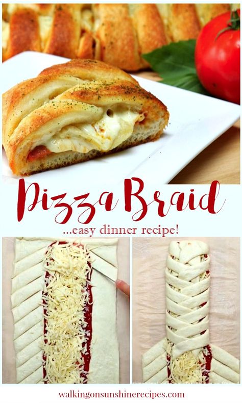 Pizza and Pepperoni Braid an Easy Dinner Recipe from Walking on Sunshine. #pizza #pizzarecipes #pillsburyrecipes #mozzarella #tomatosauce #pepperoni Pizza Braid, Quick Appetizer, Walking On Sunshine, Easy Dinner Recipe, Quick Appetizers, Simple Dinner, Makanan Diet, Braid Ideas, Pizza Hut