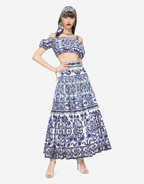 Majolica Print, Poplin Skirt, Silk Maxi Skirt, Calf Length Skirts, Dolce And Gabbana Blue, Dolce And Gabbana Kids, Poplin Top, Pleated Maxi Skirt, Bustier Dress