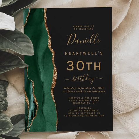 Emerald Green Gold Agate Dark 30th Birthday Party Invitation | Zazzle Dark 30th Birthday, 30th Birthday Ideas For Women, 64th Birthday, 30th Birthday Party Invitations, Surprise Birthday Invitations, 30th Birthday Party, Gold Theme, 30th Birthday Parties, Dinner Invitations