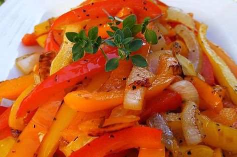 Caramelized Red Bell Peppers and Onions | Allrecipes Vegan Edibles, Foccacia Bread, Yummy Veggies, Roasted Radishes, Bell Pepper Recipes, Red Bell Peppers, Sausage And Peppers, Korean Dishes, Onion Recipes