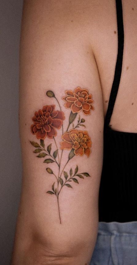 Marigold Leg Tattoo, Marigold And Bee Tattoo, Marigold Drawing Tattoo Ideas, October Floral Tattoo, Marigold Bracelet Tattoo, Mary Gold And Cosmos Tattoo, Marigold Tattoo Sleeve, Marigold Hip Tattoo, Carnation And Marigold Flower Tattoo