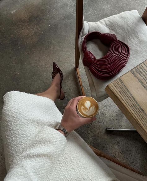 Feel Good Pictures, Wine Nails, Coffee Shot, Burgundy Bag, Burgundy Outfit, Beautiful Photoshoot Ideas, Scandinavian Aesthetic, Cream Aesthetic, Coffee Photography