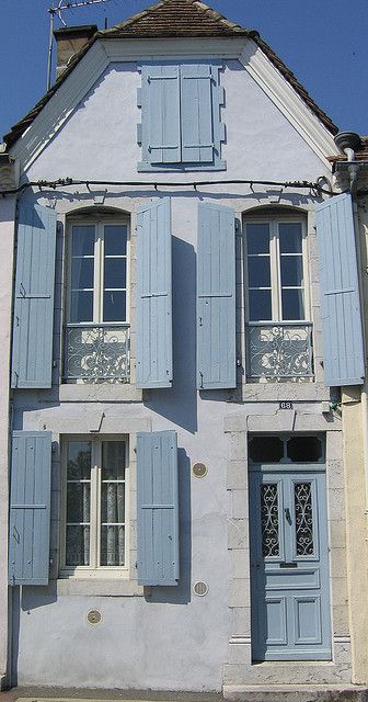 Blue Shutters, Blue Cottage, Cozy Cottage, Blue House, Beach Cottages, The Doors, Old House, Shutters, Architecture Details