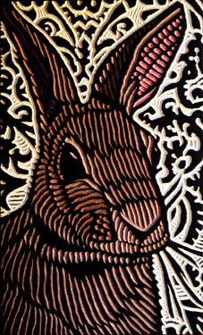 https://flic.kr/p/9MAkC7 | bunny | Bunny painted woodcut block  on salvaged Douglas Fir 6.5 x 10.5 x 1.5 Wood Illustration, Woodcut Art, Linoleum Print, Linocut Printmaking, Lino Art, Relief Printing, Linocut Art, Soyut Sanat Tabloları, Printmaking Art