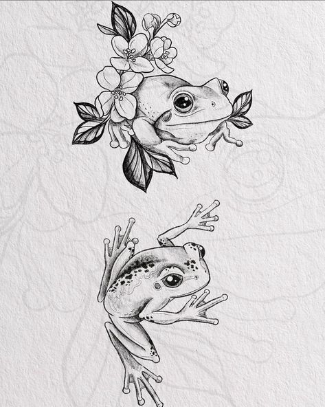 Frog Pond Tattoo, Frog Tattoo Ideas For Women, Leaping Frog Tattoo, Frog Hand Tattoo, Floral Frog Tattoo, Black And White Frog Tattoo, Rainforest Tattoos, Field Mouse Tattoo, Frog Flower Tattoo