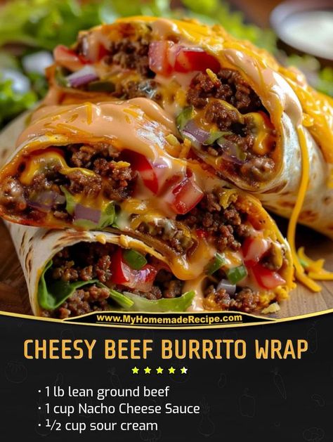 Kylie Recipes | Cheesy Beef Burrito Wrap | Facebook Cheesy Beef Burritos, Mexican Burritos, Wrap Ingredients, Beef Burrito, Burrito Wrap, Green Chilis, Beef Wraps, Nacho Cheese Sauce, Spicy Beef