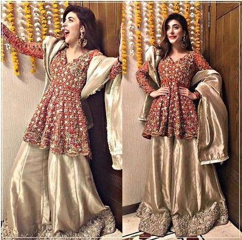 Urwa Hocane Wedding, Mehendi Bridal Outfit, Lehnga Kurti, Peplum Wedding Dress, Urwa Hocane, Mehendi Bridal, Pakistani Dresses Party, Brown Clothes, Stitching Designs