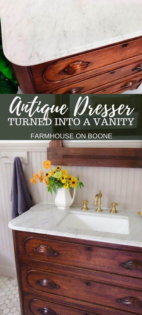 Farmhouse Dresser Vanity Bathroom, Bathroom Vanity Using Antique Dresser, Bathroom Vanity For Cabin, Bathroom Vanity 1920s, Antique Vanity Makeover Bathroom, Wood Dresser Vanity Bathroom, Bathroom Vanity Old Dresser, Bathroom Vanity Dresser Ideas, Victorian Bathroom Vanity Ideas