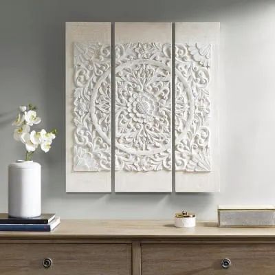 Wooden Mandala White 3D Embellished Canvas Wall Art Resin Canvas, Mandala Canvas, Wooden Design, Carved Designs, 3 Piece Wall Art, Medallion Design, Wall Decor Set, Antique Farmhouse, Canvas Wall Art Set