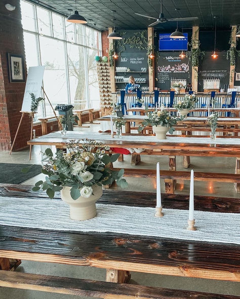 Laid-back winter engagement party venue at WeHa Brewing in West Hartford, CT, offering a cozy brewery setting. Brewery Party Decor, Engagement Party Brewery, Brewery Engagement Party, Brewery Wedding Reception, Brewery Decor, Elopement Party, Brewery Wedding, Event Room, Venue Inspiration