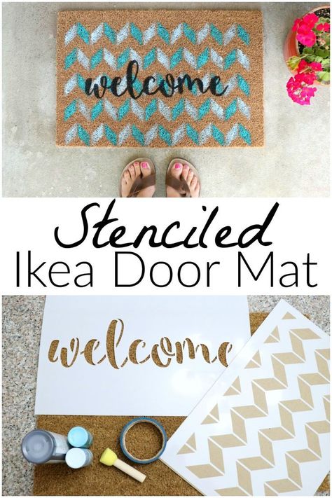 Make this stenciled Ikea door mat by layering 2 stencils. Learn how to stencil a door mat. #ikeahack #stencilproject #frontporch Ikea Door, Door Mat Ideas, Stenciled Doors, Welcome Stencil, Mat Ideas, Diy Christmas Gifts For Family, Stencil Projects, Blanket Diy, Stencil Patterns