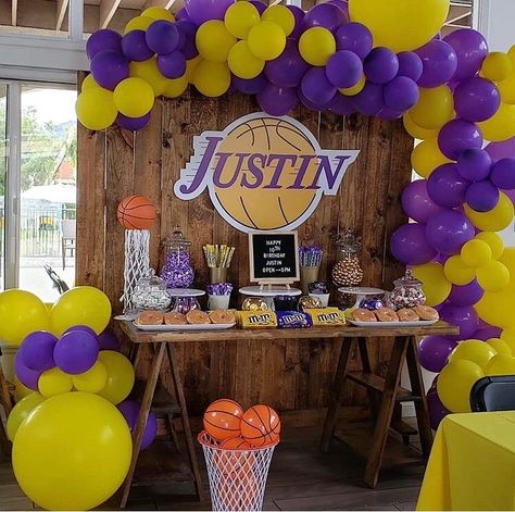 ⚜️Sabby Creations⚜️ on Instagram: “LosAngeles Lakers Colors💜🏀💛 Organic Garland Balloons Backdrop by @cotherusticchic #garlandballoon #partydecorations #partyplanning…” Lakers First Birthday Party, Lakers Theme Party, Laker Birthday Party Ideas, Laker Party Decorations, Kobe Bryant Themed Birthday Party, Lakers Party Ideas, Lakers Birthday Party Decoration, Kobe Bryant Birthday Theme, Lakers Birthday Party Ideas