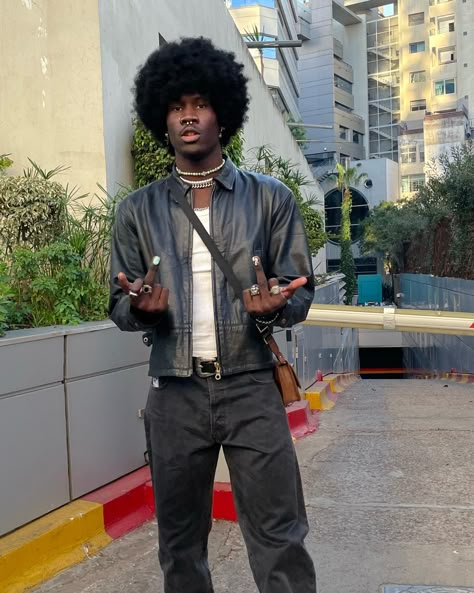 Black 80s Fashion Men, Black Alt Outfits Men, Afro Outfits Street Style Natural Hair, Afro Goth Male, Black Men Alternative Fashion, Punk Rock Outfits Male, Black Punk Outfits Men, Gay Black Man Outfits, Earthy Aesthetic Outfits Men