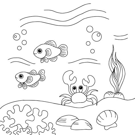 Design Vector Fish Under Sea Coloring Page for Kid Under The Sea Drawings, Fish Under The Sea, Ocean Coloring Pages, Ocean Drawing, Sea Drawing, Under Sea, Free Coloring Sheets, Beautiful Art Paintings, Sea Colour