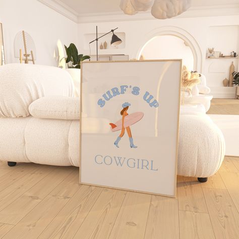 Surfs Up Cowgirl, Coastal Cowgirl Poster, Coastal Cowgirl Aesthetic Prints, Costal Cowgirl Print, Surfs Up Cowgirl Print, Hot Pink Decor, Surfer Room, Bow Art, Western Wall Art