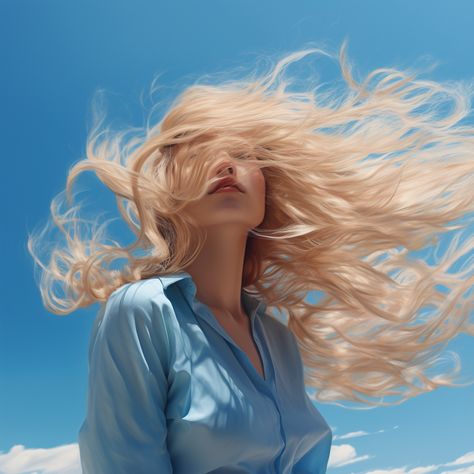 combed hair waving to the wind, blue sky background Flowy Hair Drawing, Wind Drawing, Flowy Hair, Wind Blown Hair, Hair In The Wind, Hair Photography, Hair Flow, Blue Sky Background, Sky Background