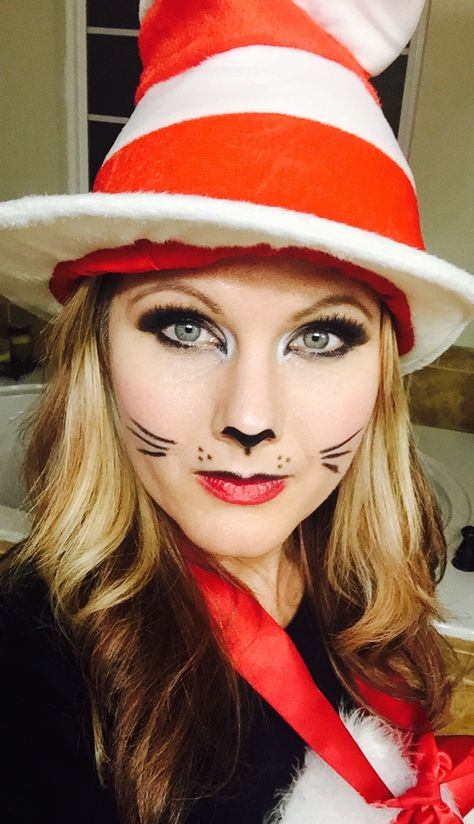 Cat And The Hat Makeup, Cat In The Hat Face Makeup, Cat In The Hat Costume Women's, Cat In The Hat Makeup, Cat In The Hat Diy, Cat In The Hat Costume, Easy Halloween Makeup Ideas, Seussical Jr, Easy Halloween Makeup