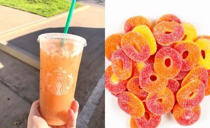 Starbucks Peach Ring Drink, Peach Rings Starbucks Drink, Peach Ring Starbucks Drink, Peach Ring Drink, Gummy Rings, Peach Ring, Red Bull Drinks, Peach Drinks, Secret Starbucks Drinks