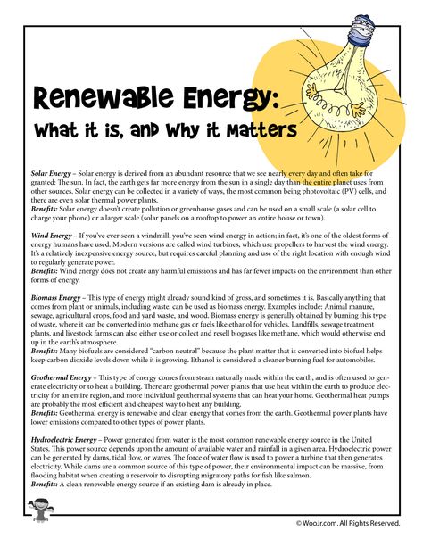 Renewable Energy Sources Reading Overview | Woo! Jr. Kids Activities Environmental Science Lesson Plans, Types Of Renewable Energy, Renewable Energy Sources, Thermal Power Plant, Science Week, Nonrenewable Resources, Renewable Energy Projects, Source Energy, Solar Energy Diy