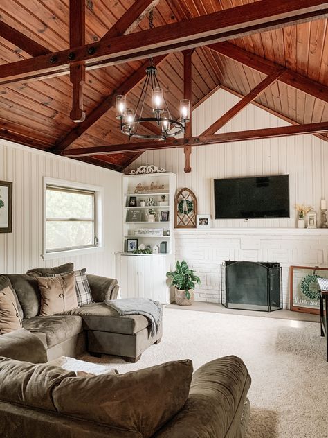 Farmhouse Great Room with Vaulted Ceilings and Beams Cedar Accents Interior, Cedar Vaulted Ceiling, Pine Ceiling White Walls, Cedar Room Ideas, Cedar House Interior, Wood Panel Vaulted Ceiling, Cedar Shake Wall Interiors, Cedar Ceiling Living Room, Knotty Pine Vaulted Ceiling