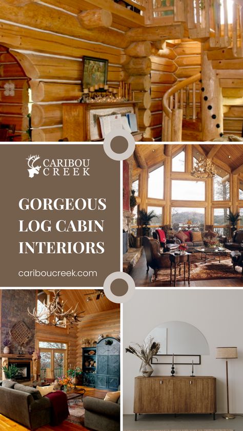 When it comes to log home interior inspiration, Caribou Creek Log Homes is the place to go! Check out the images you see here. #cabins #loghomes #customhomes Log Home Interior Stain Colors, Log Cottage Interior, Decorating A Log Home, Decorating A Log Cabin, Modern Log Cabin Interior Design, Cabin Chic Living Room, Log Cabin Homes Interior Rustic, Log Cabin Interior Paint Colors, Log Cabin Homes Interior Decor