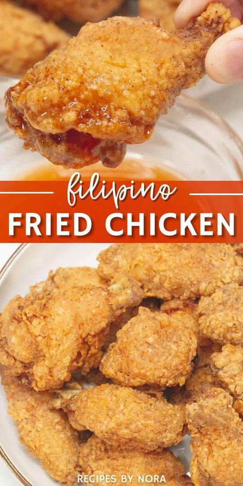 This Filipino Fried Chicken recipe is marinated in lemon juice and fish sauce, coated in a light batter, and fried until crispy. The result is a juicy and tender meat that's better than any takeout. It's easy to make and the ultimate comfort food that you can enjoy for lunch or dinner. Learn how to make this Filipino fried chicken for the juiciest, crispiest, absolute best fried chicken ever. Perfect for Memorial Day potlucks and picnics or a spring dinner at home. Fried Chicken With Sazon, Fried Chicken Marinade Recipe, Asian Fried Chicken Recipe, Filipino Chicken Wings, Jollibee Fried Chicken Recipe, What To Eat With Fried Chicken, Filipino Seafood Recipes, Filipino Comfort Food, Marinade For Fried Chicken