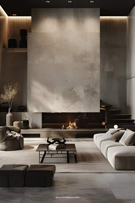 Luxury living room with fireplace Luxury Living Room With Fireplace, Contemporary Fireplace Designs, Fireplace Design Ideas, Tv Backdrop, Design Ložnic, Concrete Interiors, Living Room Wall Units, Chalet Design, Mantel Ideas