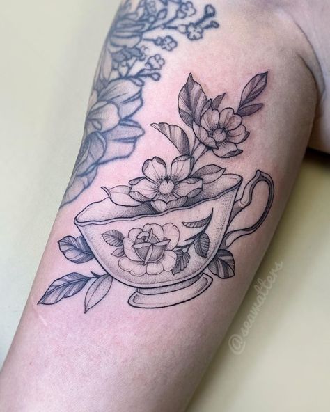 teacup tattoo • Instagram Teacup And Flowers Tattoo, Fairy In A Teacup Tattoo, Stack Of Teacups Tattoo, Vintage Tattoo Ideas For Women, Fineline Teacup Tattoo, Cup Of Ambition Tattoo, Floral Teacup Tattoo, Teacup With Flowers Tattoo, Tea Cup Tattoo Vintage