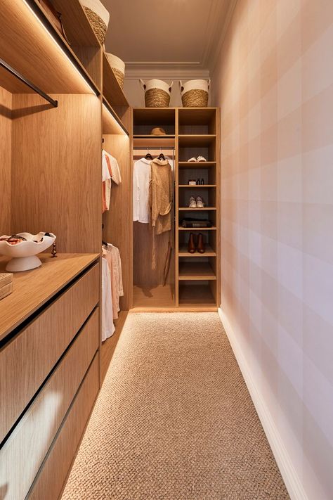 modern walk-in wardrobe with timber joinery, gingham wallpaper and led strip lights Small Walk In Wardrobe, Narrow Closet Design, Small Walk In Closet, Bedroom Built In Wardrobe, Bedroom Closet Storage, Walk In Closet Design, Closet Design Layout, Closet Layout, Wardrobe Design Bedroom