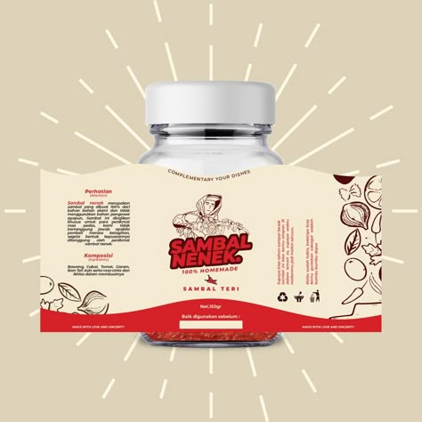 This is my Artwork for Sambal Nenek For bussiness inquiry : e-Mail : rizky.n.basir@gmail.com Instagram : www.instagram.com/rnbasyir Sambal Packaging Design, Logo Sambal Design, Sambal Packaging, Label Produk, Product Label Design, Product Branding, Packaging Template Design, Packaging Label Design, Jar Packaging