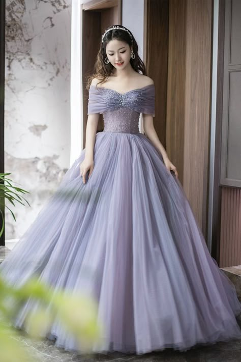 Prom Dress Off Shoulder, فستان زهري, Floor Length Prom Dress, Purple Evening Dress, Purple Tulle, Beaded Formal Dress, Purple Prom, A Line Evening Dress, Tulle Sleeves