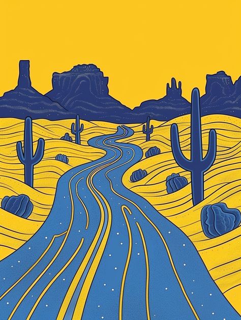 Graphic Illustration of Desert Road with Cactus Desert Graphic, Desert Illustration, Cave Illustration, Desert Landscape Illustration, Desert Inspo, Desert Linocut, Night Desert Illustration, Sahara Desert Illustration, Desert Road Illustration