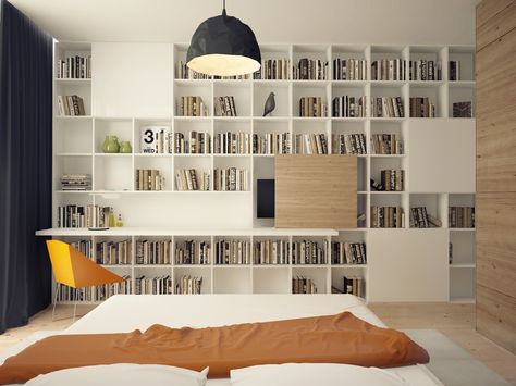 Bedrooms Bookshelves: 22 Inspirational Examples For Those Who Love To Sleep Near Their Books Bookshelf In Bedroom, Bedroom Bookshelves, White Platform Bed, Simple Bookshelf, Wall Shelves Bedroom, Bookshelves In Bedroom, Bookshelf Design, Bedroom Desk, Home Libraries