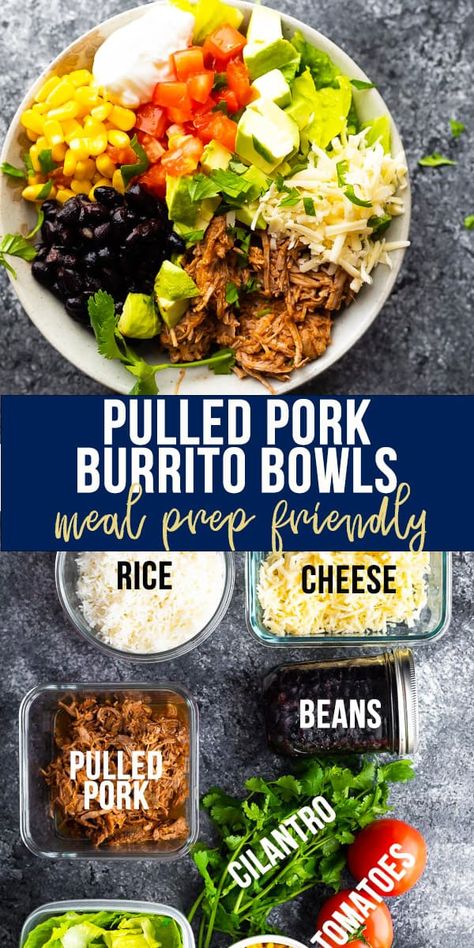 Pulled pork burrito bowls are packed with southwestern flavor and lots of healthy ingredients for a complete one-bowl meal. Easily prep all of your ingredients ahead of time and assemble whenever you're ready to enjoy! #pulledporkburritobowl #pulledpork #burritobowl #healthymealprep #lowcarbmealprep #sweetpeasandsaffron Healthy Recipes With Pulled Pork, Healthy Pulled Pork Meals, No Starch Meals, Pork Burrito Bowls, Savory Pulled Pork, Healthy Pulled Pork, Pulled Pork Dinner, Fresh Dinners, Meal Bowls