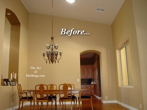 great-room-flying-crown-molding-before Room Molding, Installing Crown Molding, Crown Molding Vaulted Ceiling, Modern Crown Molding, Install Crown Molding, Vaulted Ceiling Beams, Vaulted Ceiling Bedroom, Corner Stove, Stairway Walls