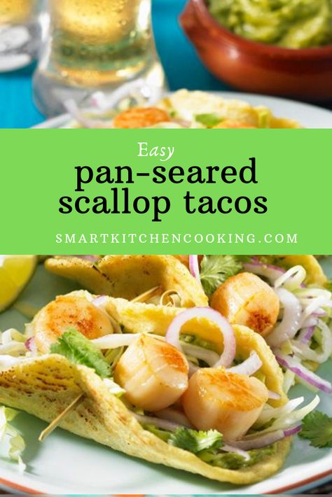 Pan Seared Scallops are wrapped in tortillas with a vegetable slaw and avocado sauce Recipes For Scallops, Scallop Tacos, Cabbage Slaw For Tacos, Slaw For Tacos, Quick Delicious Dinner, Taco Filling, Pan Seared Scallops, Taco Fillings, Seared Scallops