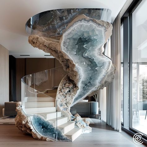 The Geode-Inspired Staircase features steps resembling geode cross-sections, showcasing vibrant amethyst, quartz, and agate hues. Each step glistens with crystal-like patterns, making the staircase a stunning blend of natural beauty and modern design. Conceptual AI Art Follow @ecosapiens for more like this! Crystal Interior Design, Cave Interior Design, Crystal Architecture, Agate Art, Dream Bedroom Inspiration, Fantasy Furniture, Dream Life House, Unique Decoration, Dream House Rooms