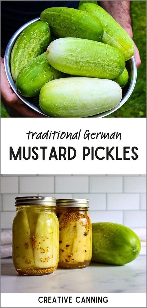 Discover how to make traditional German mustard pickles or Senfgurken, using overripe cucumbers, mustard seeds, and a simple vinegar brine. These thrifty pickle spears are a delicious way to make use of the end-of-season bounty. Perfect for adding a tangy crunch to your meals or as a unique snack. Find more easy cucumber recipes, preserving cucumbers, cucumber preservation, and Water Bath Canning Recipes at creativecanning.com. Mustard Pickles Recipe Canning, Cucumber Preservation, Preserving Cucumbers, Pressure Canning Meat, Pickle Spears, Water Bath Canning Recipes, Canning Jam Recipes, Pressure Canning Recipes, Cucumber Canning