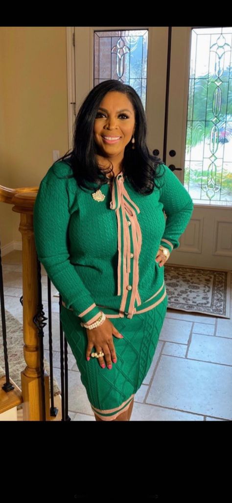 Green Suit Ideas Women, Aka Founders Day Outfit, Pink And Green Outfits For Women, Aka Sorority Outfits, Alpha Kappa Alpha Pajamas, Aka Clothing, Aka Outfits, Alpha Kappa Alpha Clothing, Aka Apparel