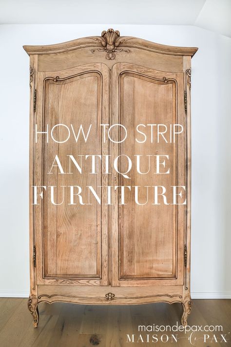 Find out how to get the stripped, raw wood look with this french antique armoire makeover! #antiquefurniture #furnituremakeover #woodfurniture Bleached Wood Armoire, Wood Veneer Furniture Makeover, Stripped Wood Dresser, Stripping Wood Table, Redoing Antique Furniture, French Country Painted Furniture, Redone Armoire, Wood Refurbishing, Diy Antique Furniture