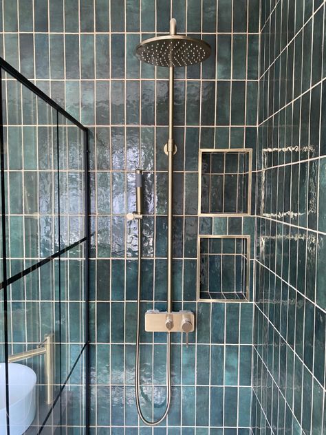 Moss Green Tile Bathroom, Green Tile Gold Grout, Green Tile Walk In Shower Ideas, Green Tiles Grey Grout, Green Tile Black Grout, Green Shower Tile, Large Tile Bathroom, Green Tile Shower Ideas, Tile Walk In Shower