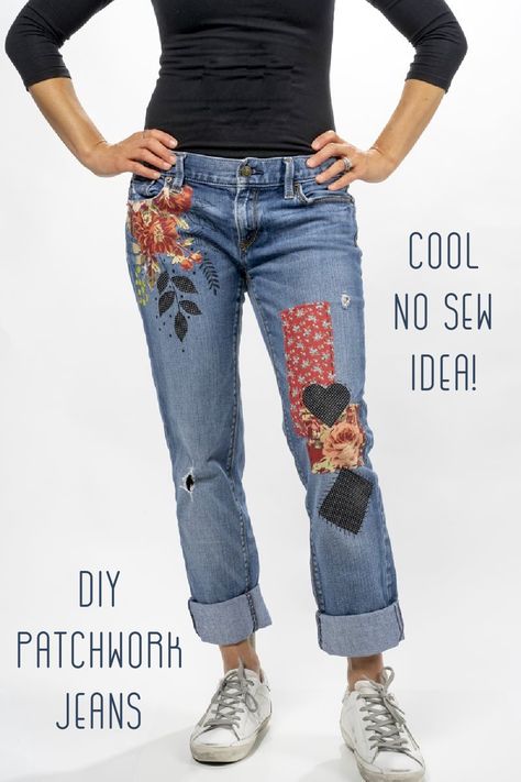 Diy Patch Jeans Ideas, How To Make Patched Jeans, Cute Jean Patches Ideas, Deconstructed Jeans Diy, Jeans With Quilt Patches, Jeans With Appliques, Fabric Patches On Jeans, Patch Jeans Diy Tutorials, Patchwork Jeans Tutorial